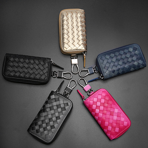 Leather sheepskin woven car key bag card holder unisex waist clip zipper Korean style couple large capacity key pouch