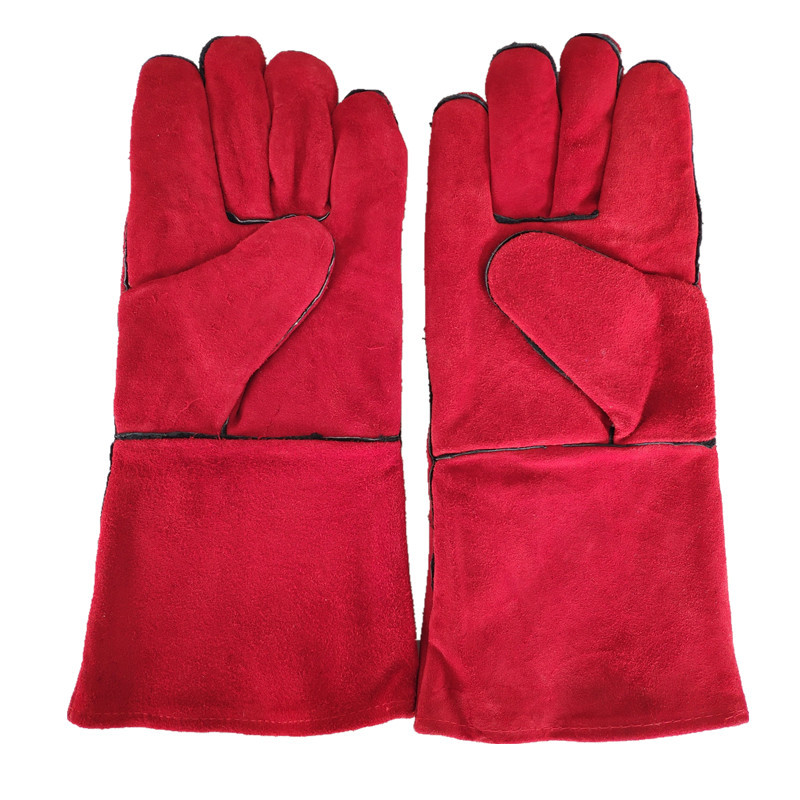 货源供应劳保防护手套电焊工隔热皮手套14寸红色牛皮电焊手套批发