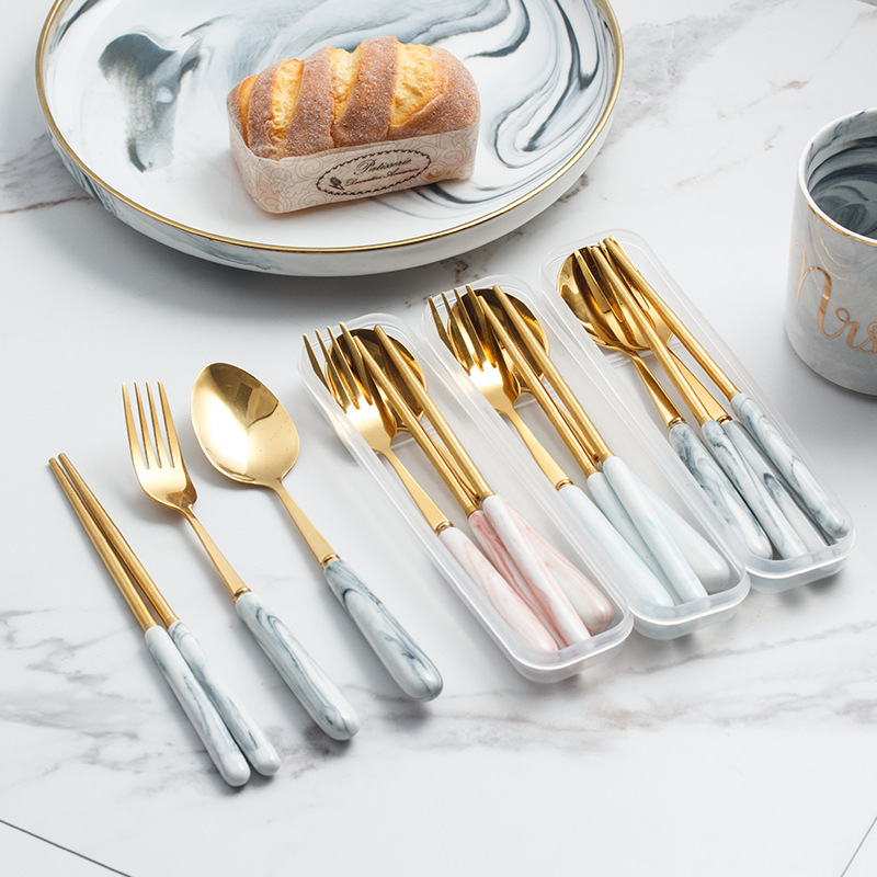 European style marble pattern tableware suit stainless steel simple titanium fork spoon chopsticks portable tableware box suit wholesale