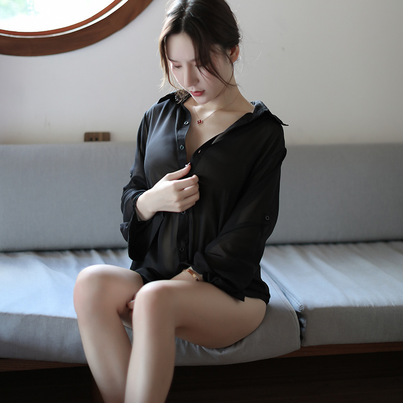 Sexy delgada sexy camisa transparente gasa transparente lencería sexy uniforme de las mujeres ropa seductora