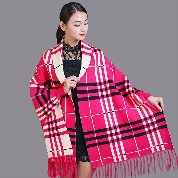Winter Scarf Knitted Shawl Dual-purpose Multi-functional Plaid Coat Women's Thickened Tassel Cheongsam with Sleeve Cloak