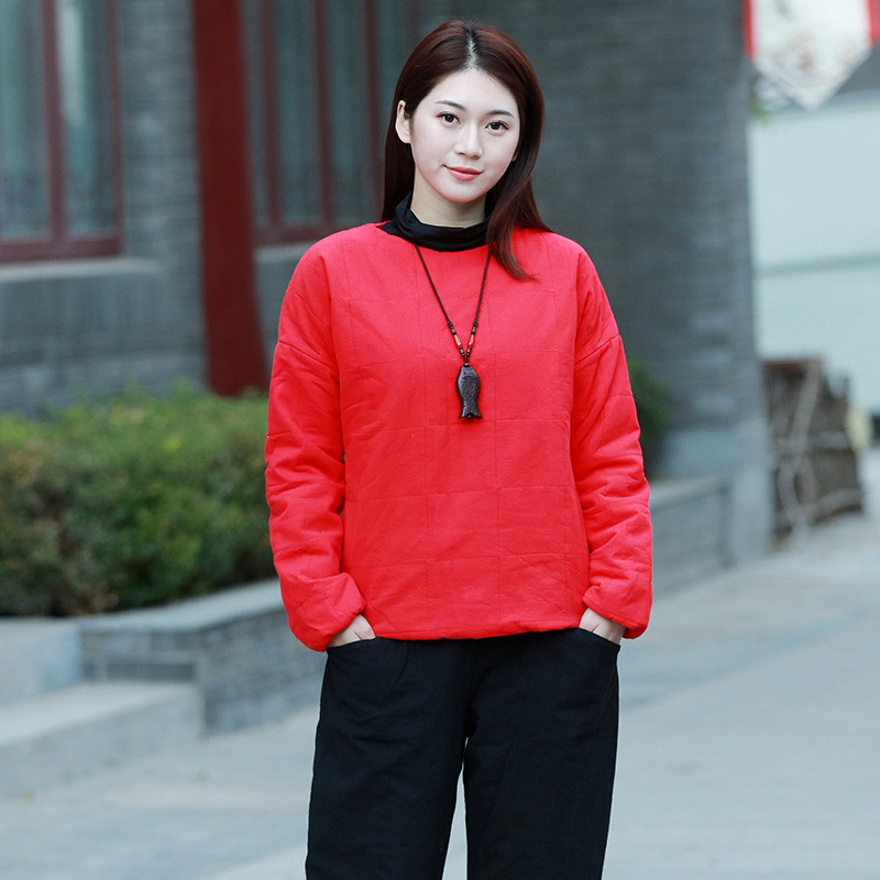 25冬季新款复古圆领夹棉绗缝方格棉袄棉服时尚文艺个性女式短棉衣