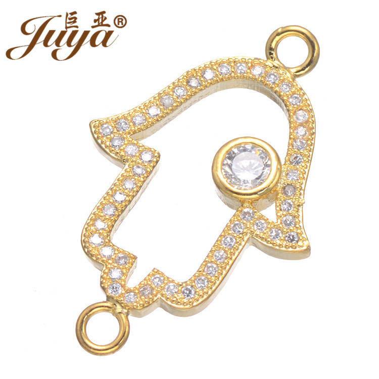 Juya copper micro-inlay connector double hanging double hole zircon hamsa palm bracelet sweater chain accessories diy pendant