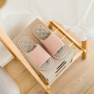Japanese Couple Striped Home Linen Slippers Women's Summer Indoor Wood Flooring Non-Slip Cotton Linen Home Slippers for Summer Men
