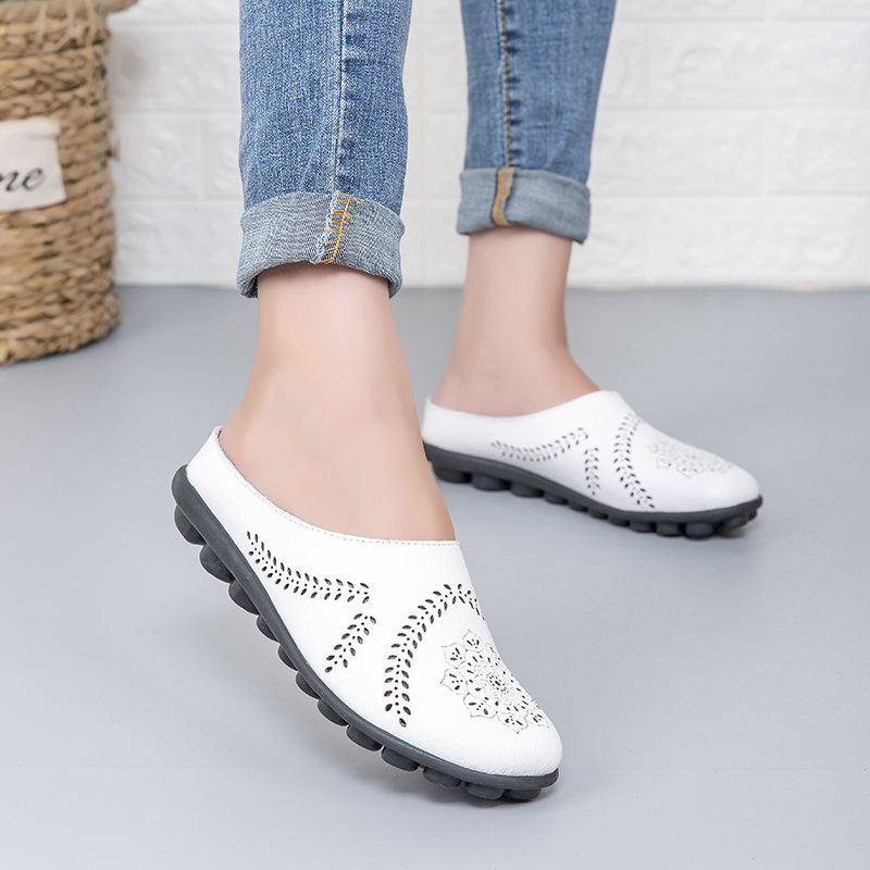 Spring and Summer 2019 New Slippers Mom Shoes Casual Genuine Leather Low-top Flat Beanie Women's Shoes Large Size Cross-Border
