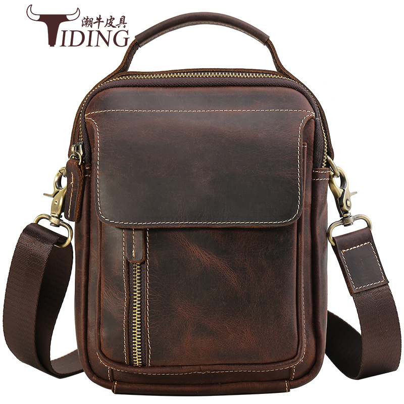 De moda de la vendimia de cuero genuino de los hombres bolsa de hombro primera capa de piel de vaca bolsa de mensajero Crazy Horse de cuero casual bolso del teléfono móvil de los hombres
