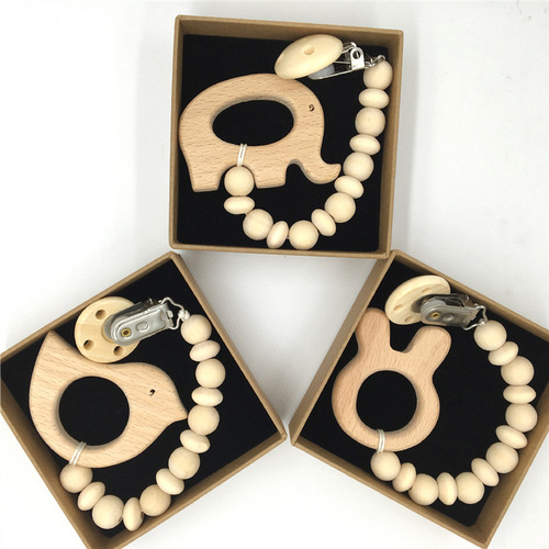 Cartoon beech animal pacifier chain, baby anti-falling chain, wooden molar anti-falling pacifier chain, pacifier chain