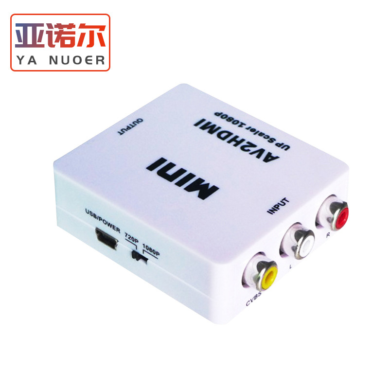 Mini AV to HDMI converter supporting 1080P high-definition video output; RCA to HDMI adapter.