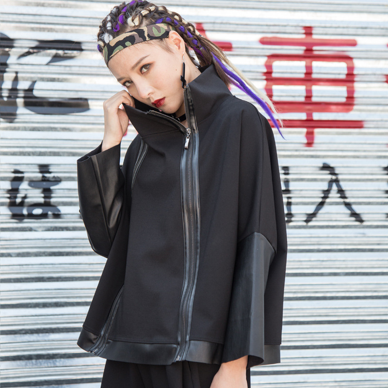 2025春秋装新款双拉链个性卫衣女原宿bf风宽松时尚帅气PU拼接卫衣