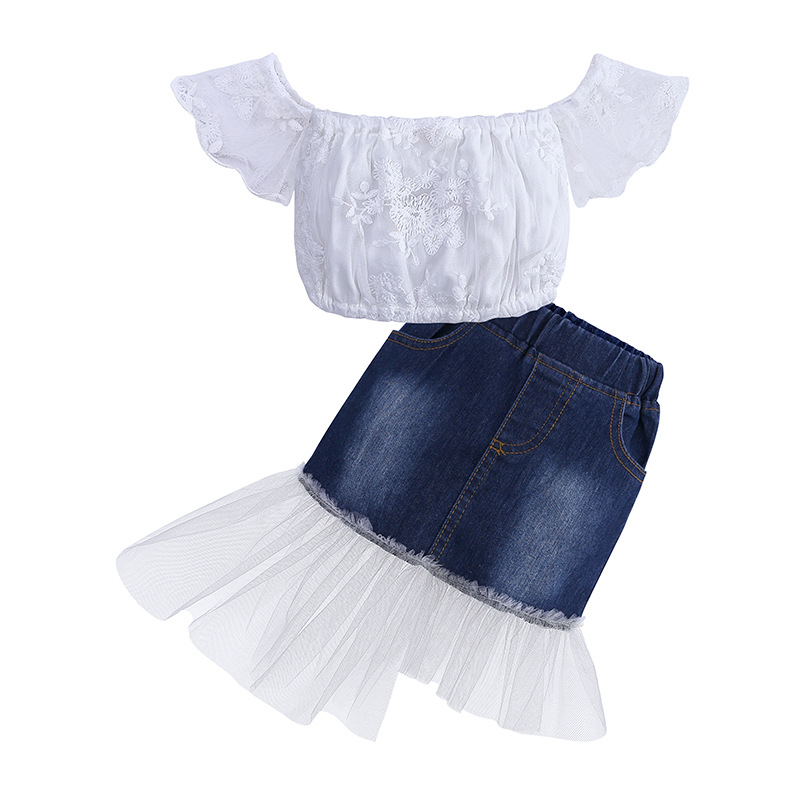 Girls' Outfit 2026 Summer Fashionable Girl's Off-Shoulder Top + Denim Short Skirt Two-Piece Children's Clothing Wholesale Girls' Outfit 2026 Summer Fashionable Girl's Off-Shoulder Top + Denim Short Skirt Two-Piece Children's Clothing Wholesale