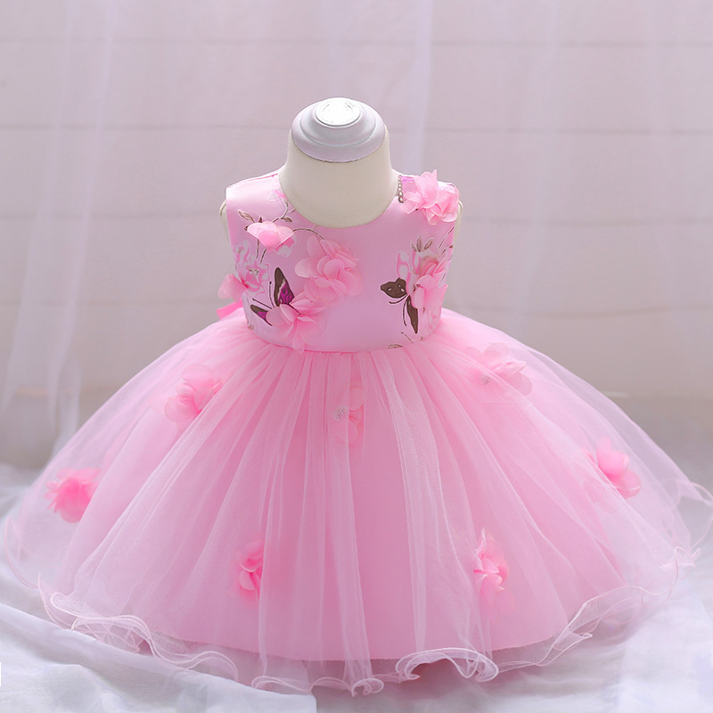 Nuevo vestido de cumpleaños transfronterizo 2026 para bebés y niños pequeños con estampado floral, vestido de flores 3D para niños con diseño de luna llena, vestido de princesa para cumpleaños.