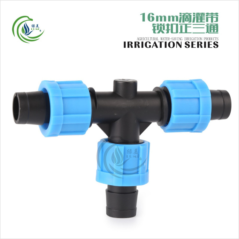 conector de accesorios especiales para correa de riego por goteo de 16 mm con bloqueo de tres conexiones de inserción de parche tipo laberinto en tierras agrícolas