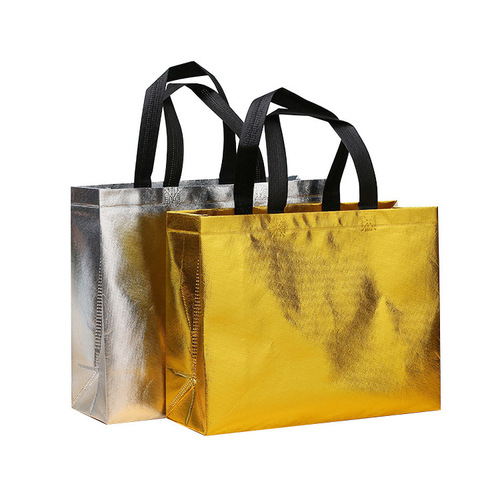 Manufacturer's gold and silver color foldable non-woven fabric tote bag, printed and laminated non-woven bag, laser bag, gift bag