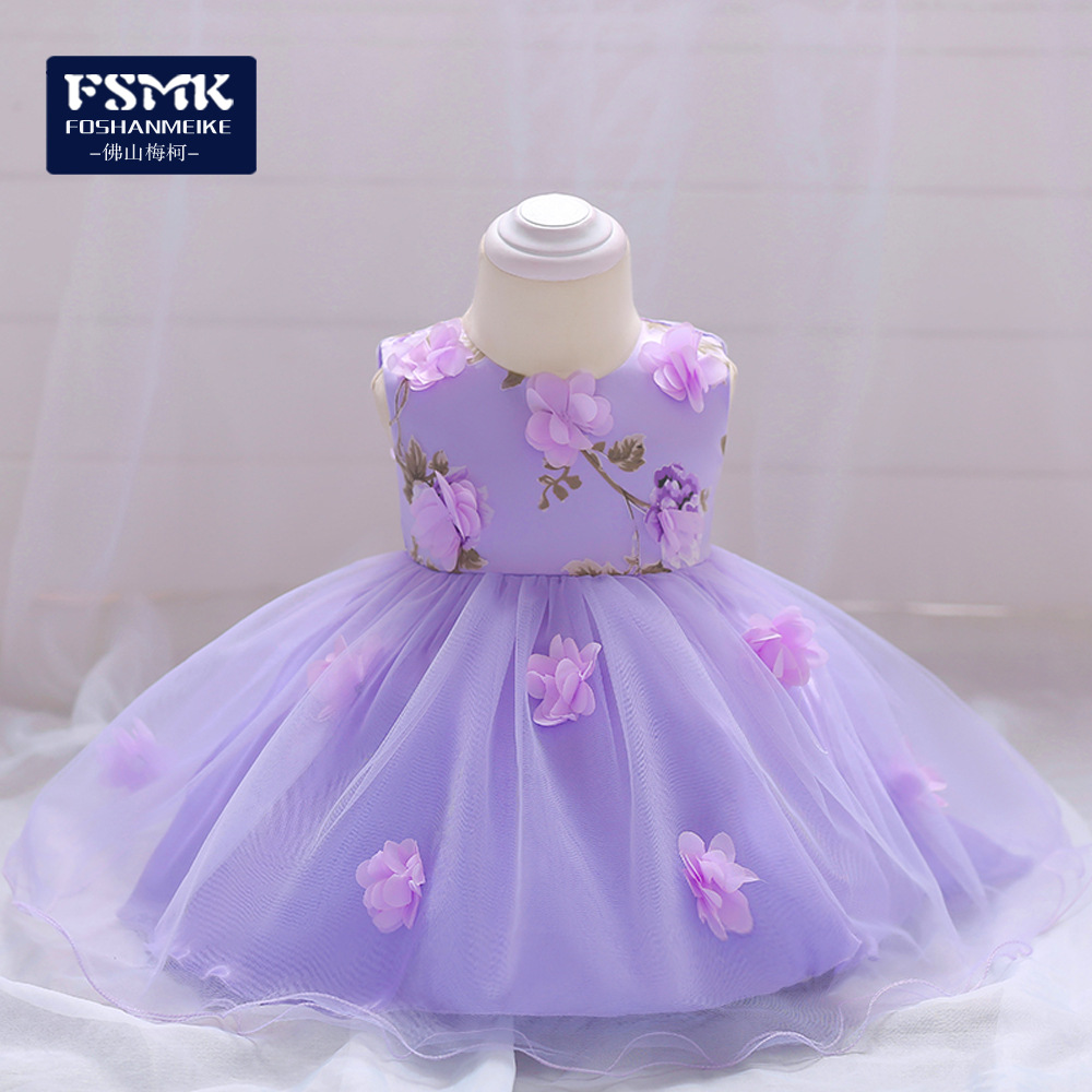 Nuevo vestido de cumpleaños transfronterizo 2026 para bebés y niños pequeños con estampado floral, vestido de flores 3D para niños con diseño de luna llena, vestido de princesa para cumpleaños.
