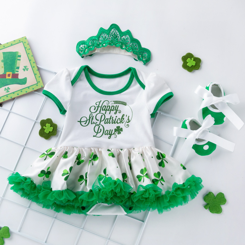 Comercio exterior ropa para bebés ropa para niños San Patricio ropa de fiesta para bebés de manga corta con estampado de mampara y vestidos de fiesta