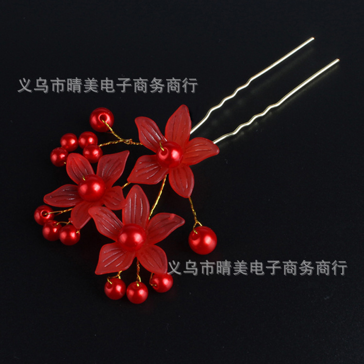 Venta caliente esmerilado flor perla en forma de U pelo tenedor nupcial updo pin tres flores modelado estilo étnico accesorios de cabeza hechos a mano
