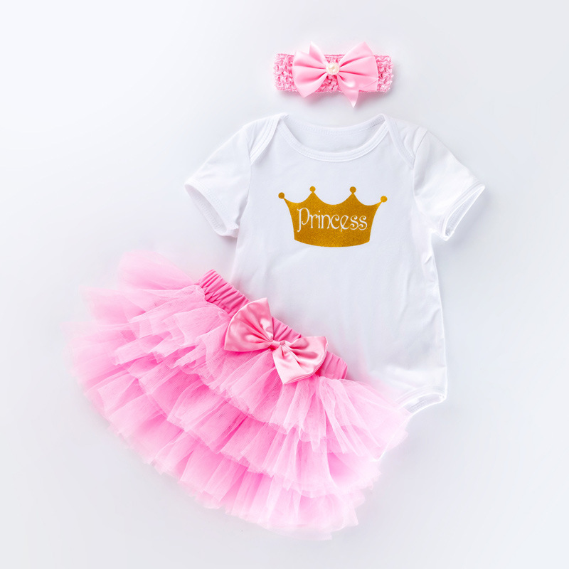 Venta directa de fábrica: Conjunto de vestido para el primer cumpleaños de bebé niña, pelele de manga corta, falda de seis capas, accesorio para el cabello, conjunto de fiesta de 3 piezas.