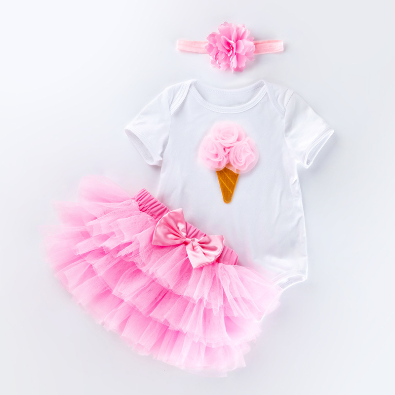 Venta directa de fábrica: Conjunto de vestido para el primer cumpleaños de bebé niña, pelele de manga corta, falda de seis capas, accesorio para el cabello, conjunto de fiesta de 3 piezas.