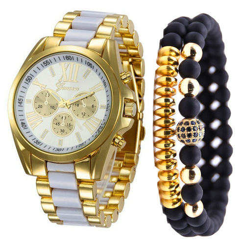 Fashionable and simple fake three-eye steel band quartz watch with free bracelet (3PCS/SET)