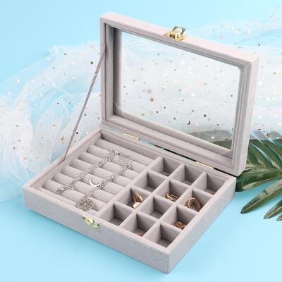 绒布开窗金单扣多用小珠宝箱 戒指盒 首饰盒 耳钉摆件吊坠收纳盒|ru