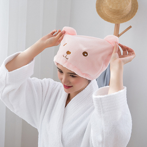 Cartoon bear thickened coral velvet hair drying cap Superfine fiber water-absorbent and quick-drying turban factory direct supply