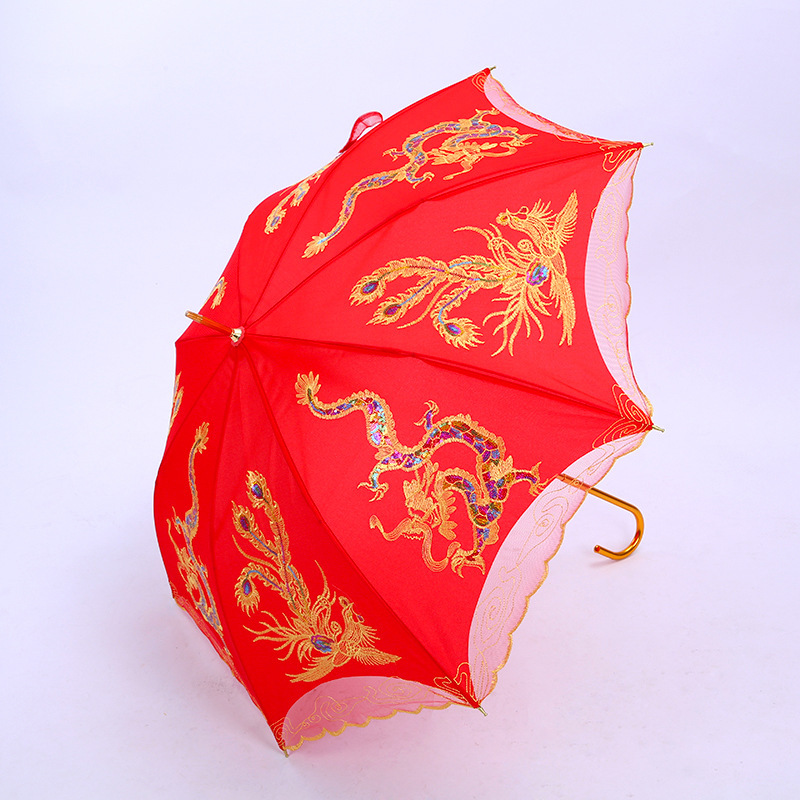 Factory supply double colorful dragon and phoenix umbrella 55*8k big red lace umbrella wedding umbrella