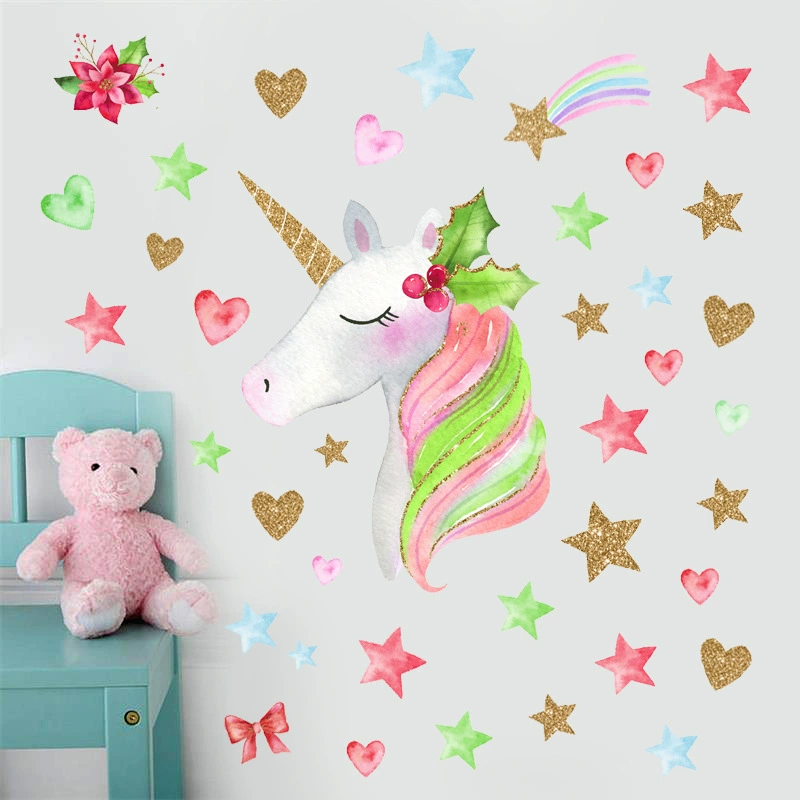 Иностранная торговля AliExpress продажа через границу, наклейки на стену для комнаты в общежитии, оформление стены спальни, радуга единорог на стене