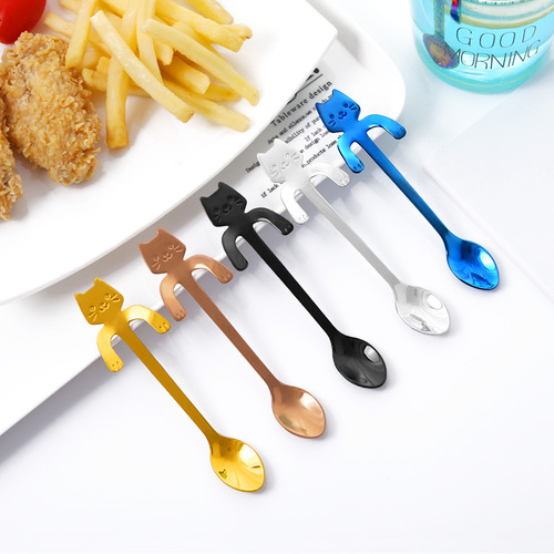304 creative stainless steel spoon, cute cartoon spoon, cat spoon, handle hanging cat poop coffee spoon
