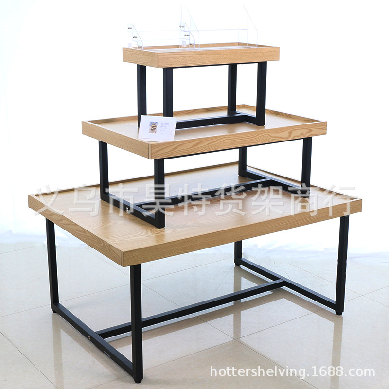 优品货架三层高低流水台木质陈列促销台精品店中岛钢木货架展示架