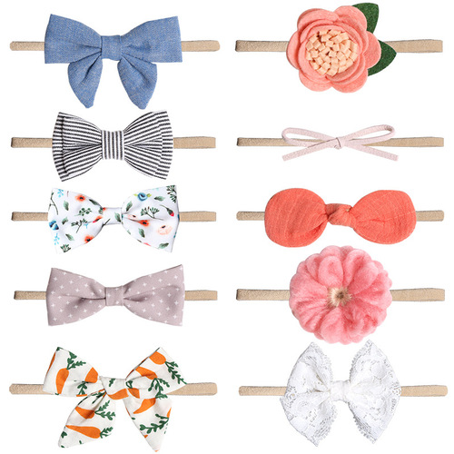 80915 baby printed bow headband 10-piece children's hair accessories set simulated flower nylon small headband