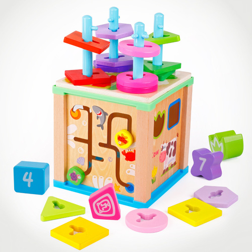 Muwanzi Children's Wooden Multifunctional Set Column Wrapped Beads Treasure Box Shape Cognitive Matching Box Educational Toys Wholesale