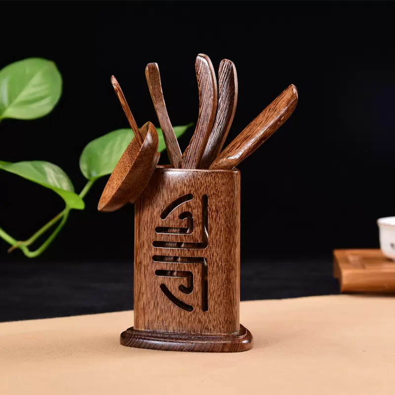 鸡翅木茶道六君子 中式复古镂空双福半圆方形茶桶 茶具配件批发