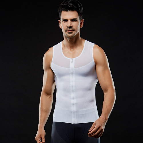 Manufacturer European and American ultra-light and breathable men's elastic mesh zippered tummy control slim vest body shaper NY044
