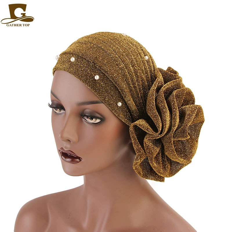 New Style Shiny Large Flower Headscarf Cap Pearl Indian Hat Hat Chemotherapy Cap TJM-322A