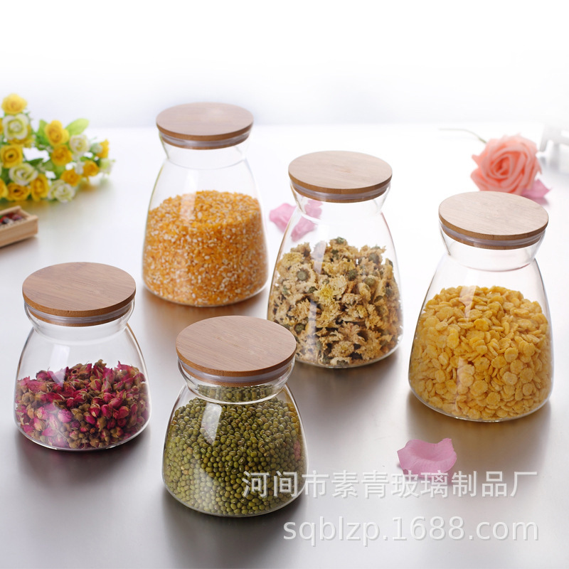 高硼硅玻璃梯形茶叶罐收纳瓶 干果杂粮收纳瓶竹盖软木盖密封