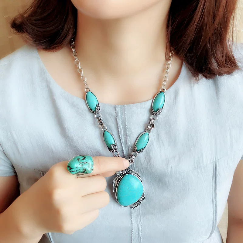 Turquoise jewelry, retro pendant, set, wholesale, European style