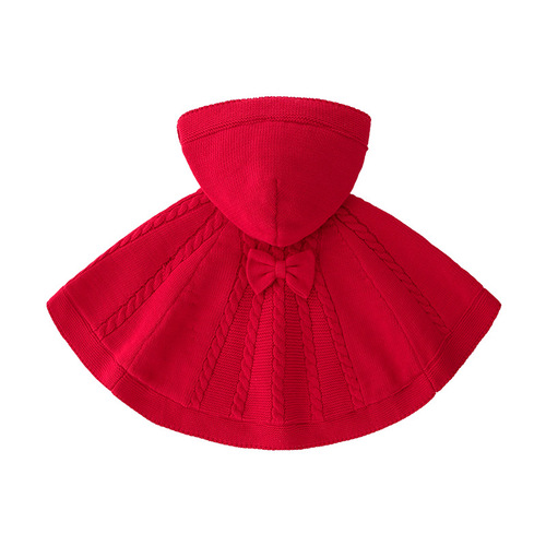 Children's winter 2024 new knitted shawl for girls, big red butterfly knot padded knitted sweater cloak