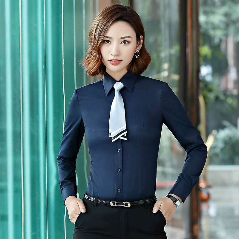 Elastic blue black shirt, white long-sleeve for work