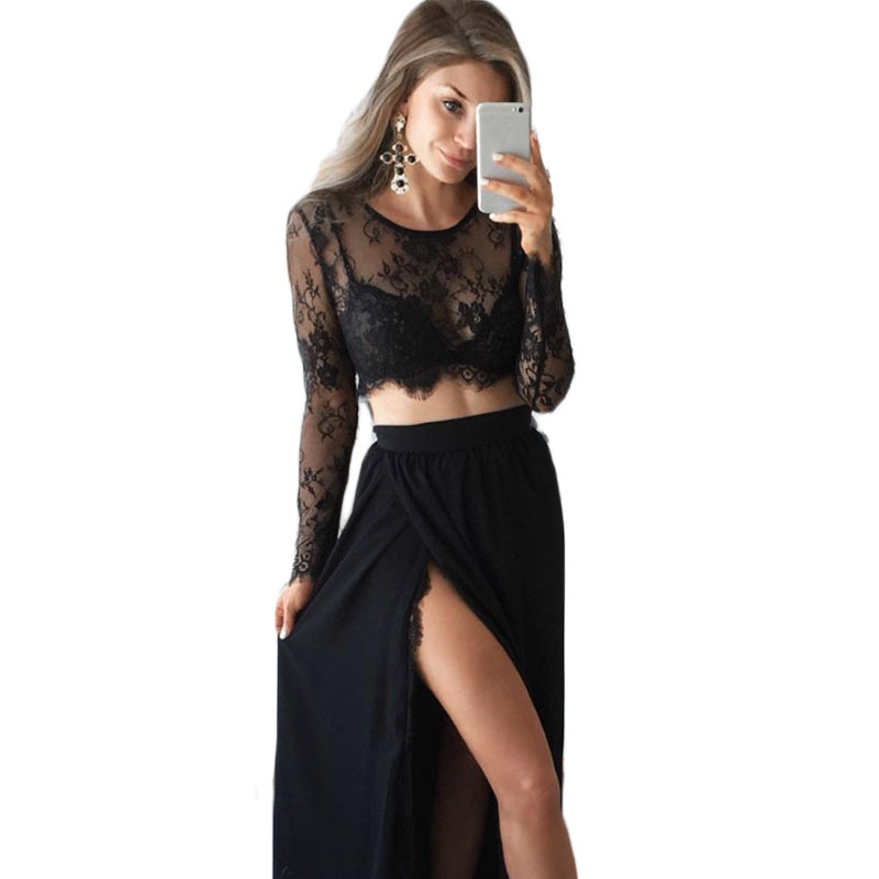 2021 European and American Hot-selling New Style Mesh Long-sleeved Slim-fit Short Perspective Navel Sexy Lace Top Fashion All-match