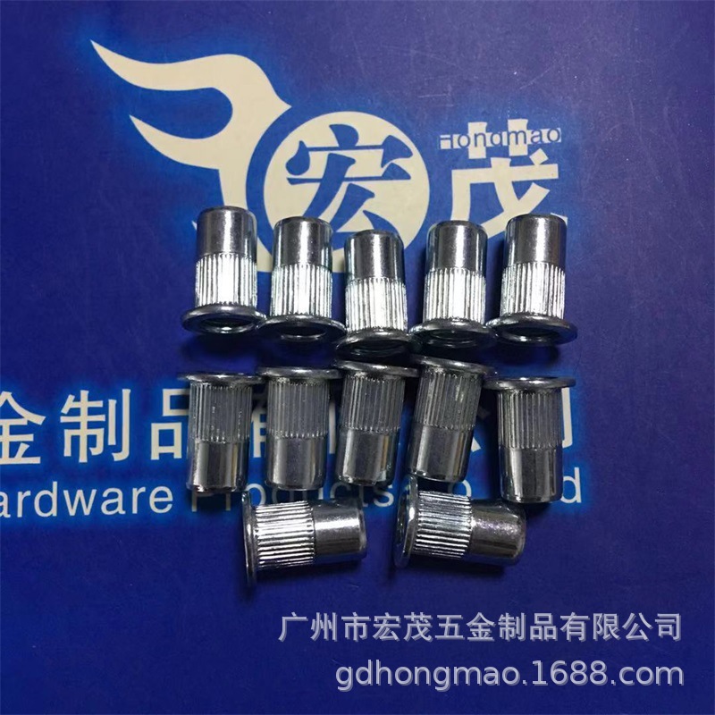 GB17880.1 蓝白锌平头竖纹铆螺母 铁镀锌平头柱纹铆螺母 滚花拉帽