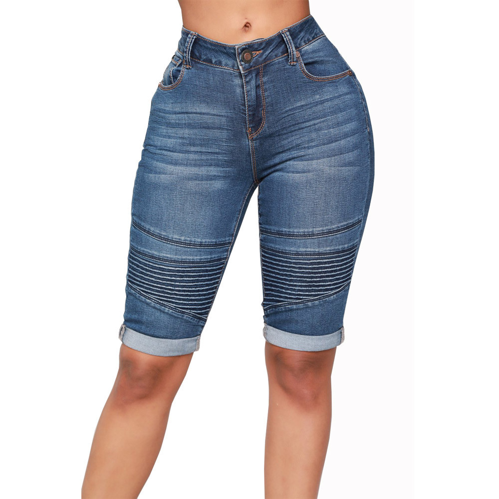 Amazon 2022 nueva Europa y América motocicleta elástico de alta cintura azul clásico Denim medio pantalones vaqueros las mujeres