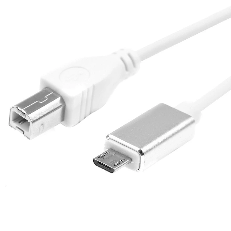 Кабель OTG для электронных устройств Apple, совместимый с различными системами, с разъемами micro-USB и Type-B, для подключения принтера и MIDI-устройств.