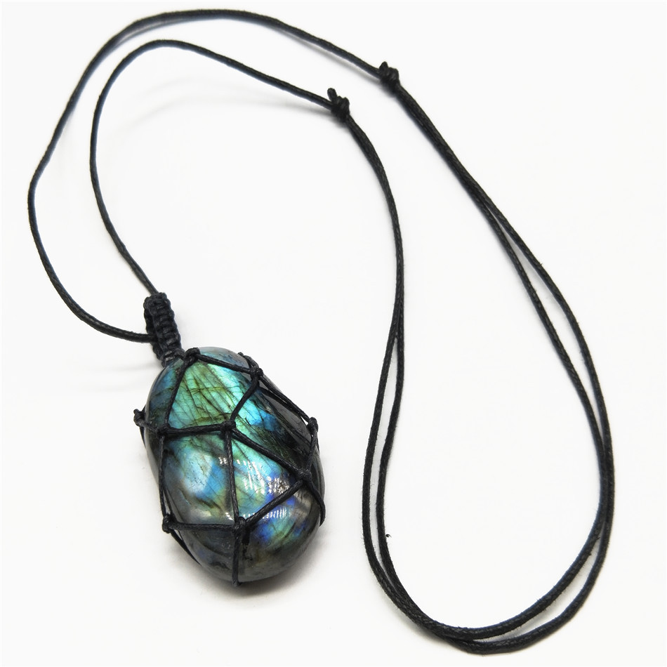 En stock Moonstone labradorita piedra cruda tejida COLLAR COLGANTE con luz que fluye espectro