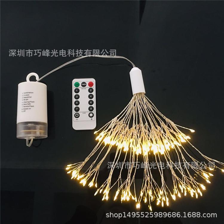 Nuevo en stock led4aa ocho funciones de control remoto caja de la batería explosión de luz fuegos artificiales forma cobre alambre cadena luces Navidad Decoración
