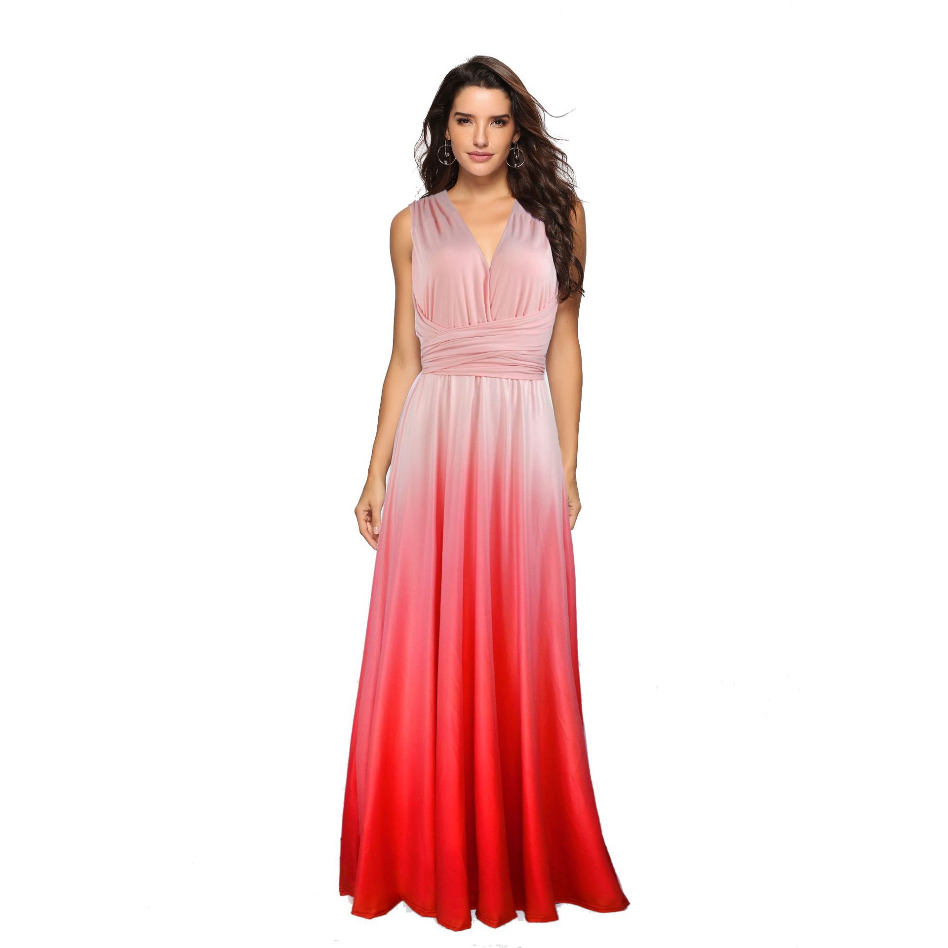 Multiway Convertible Ombre Gradient Maxi Dress, Deep V Cross Back Tie Waist Wrap Spaghetti Strap Bridesmaid Formal Evening Gown 8 Gradient Colors_voghion.com