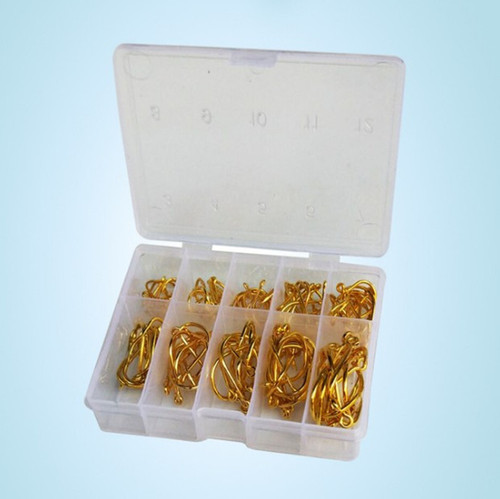 100 pieces boxed fish hooks, Iseni 3-12# barbed fish hooks, gold and black with holes