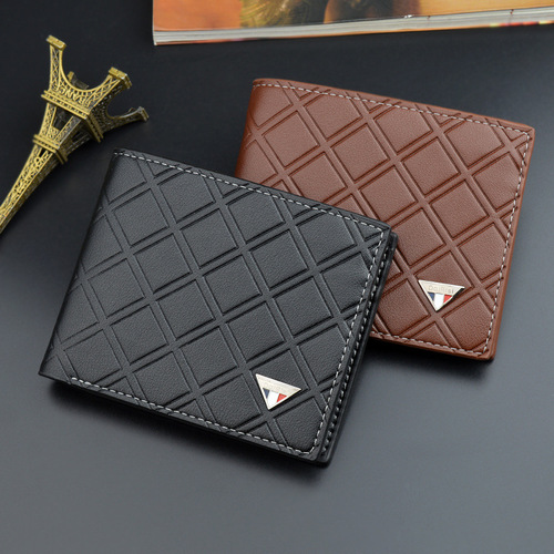 New men's wallet short wallet men's youth fashion casual plaid multi-card slot thin soft leather wallet coin purse