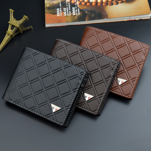 New men's wallet short wallet men's youth fashion casual plaid multi-card slot thin soft leather wallet coin purse