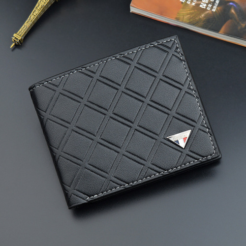 New men's wallet short wallet men's youth fashion casual plaid multi-card slot thin soft leather wallet coin purse
