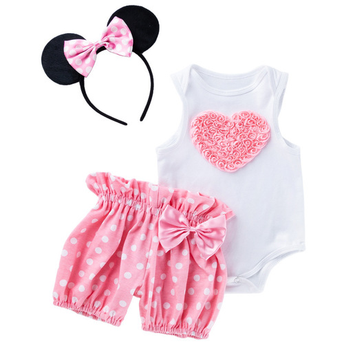 Cross-border children's clothing baby girl cartoon love white sleeveless blouse polka dot shorts suit baby holiday outfit new